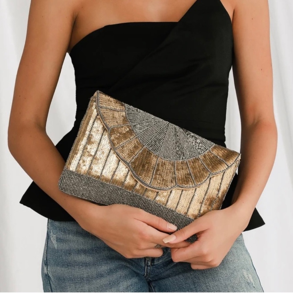 Glam Goddess Gold and Gunmetal Beaded Sequin Clutch